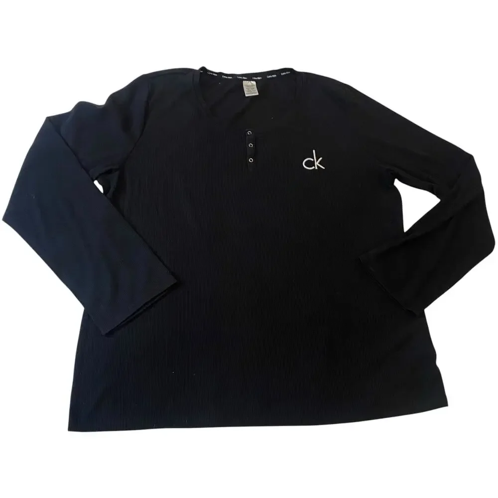 Women's CALVIN KLEIN Sleep XL Henley Shirt Long Sleeve Waffle Knit 3 Buttons
